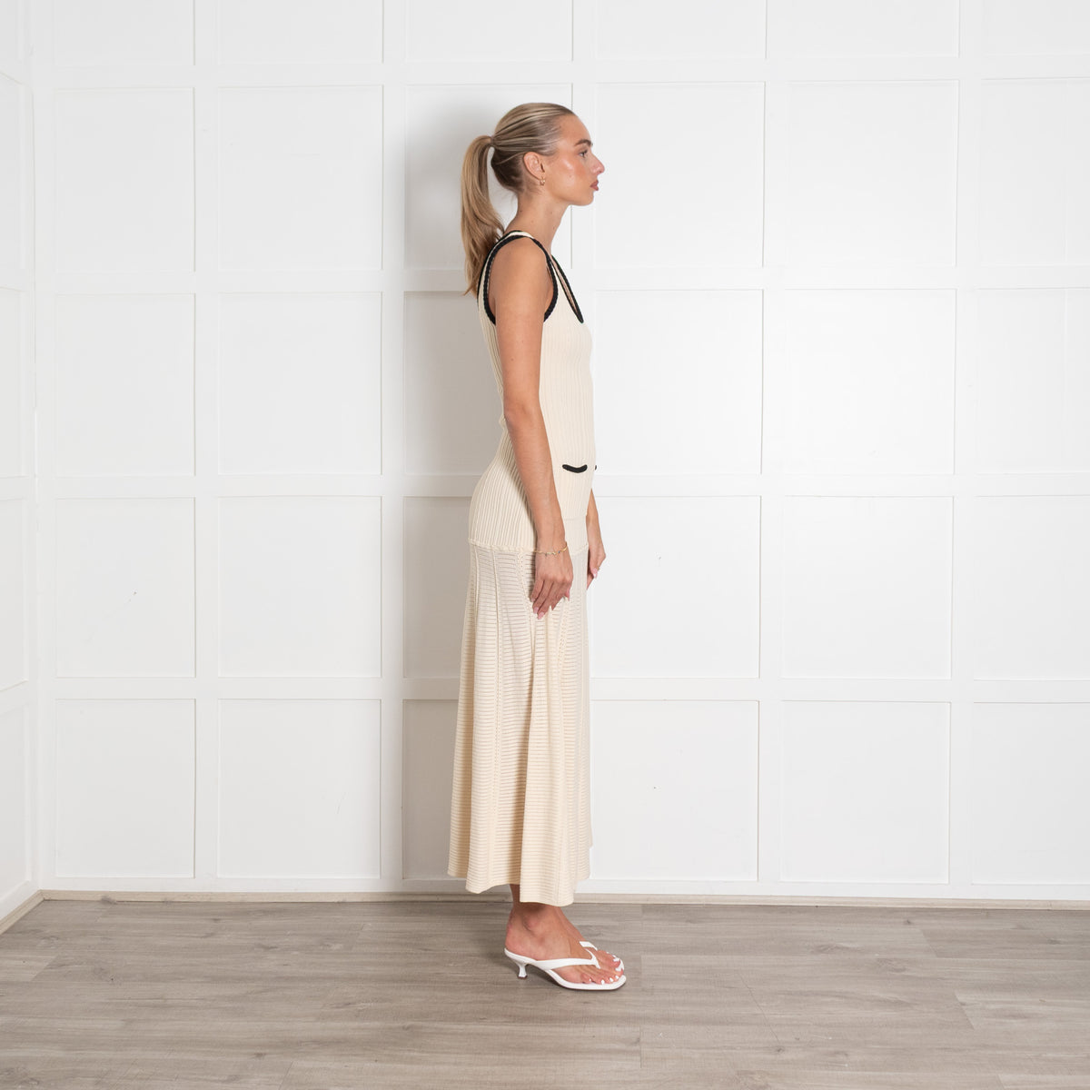 Sandro Cream Rib Knit Pocket Front Midi Dress