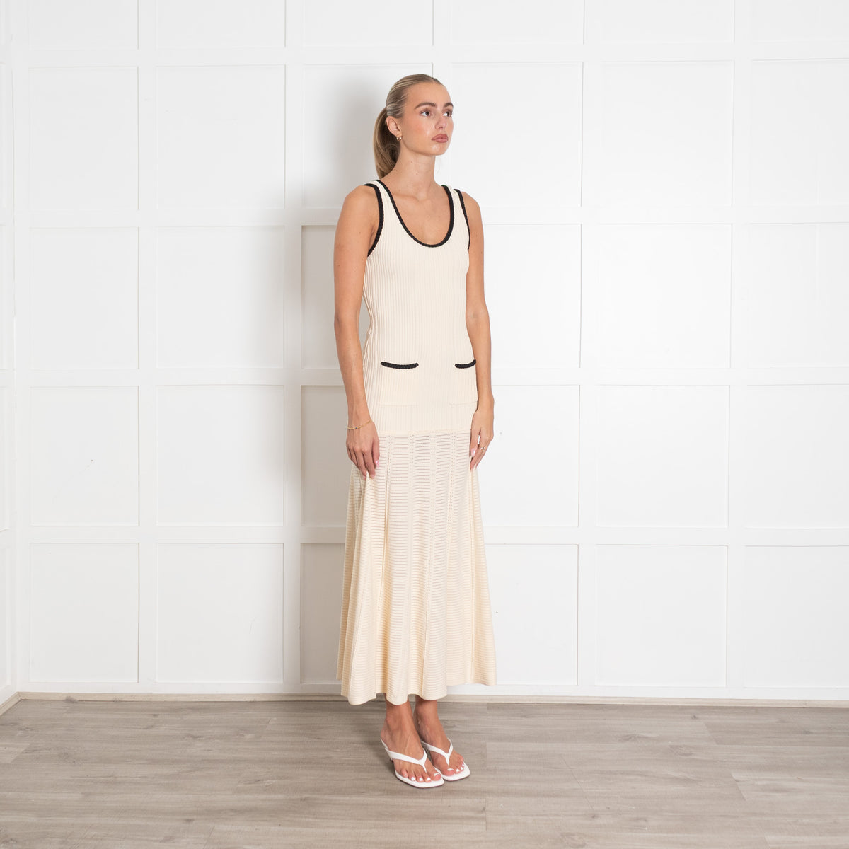 Sandro Cream Rib Knit Pocket Front Midi Dress