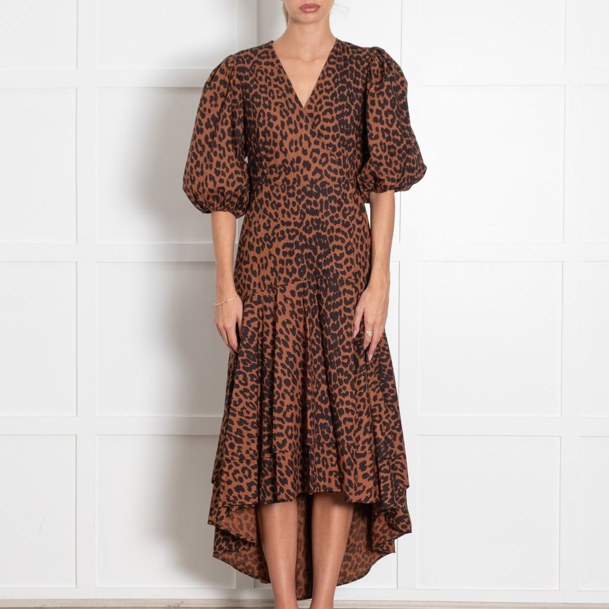 Ganni Brown Leopard Print Puff Sleeve Maxi Dress