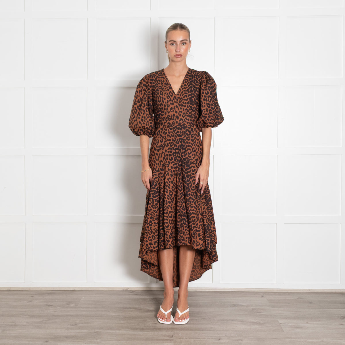 Ganni Brown Leopard Print Puff Sleeve Maxi Dress