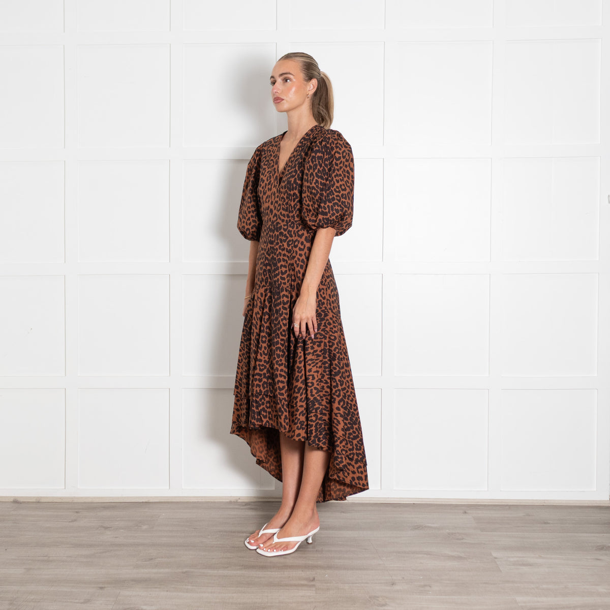 Ganni Brown Leopard Print Puff Sleeve Maxi Dress
