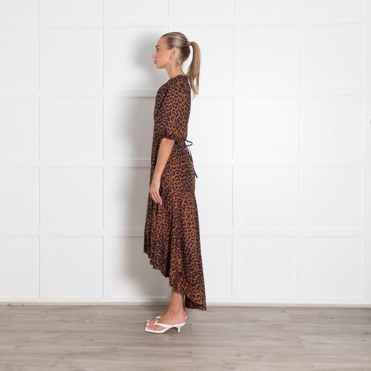 Ganni Brown Leopard Print Puff Sleeve Maxi Dress