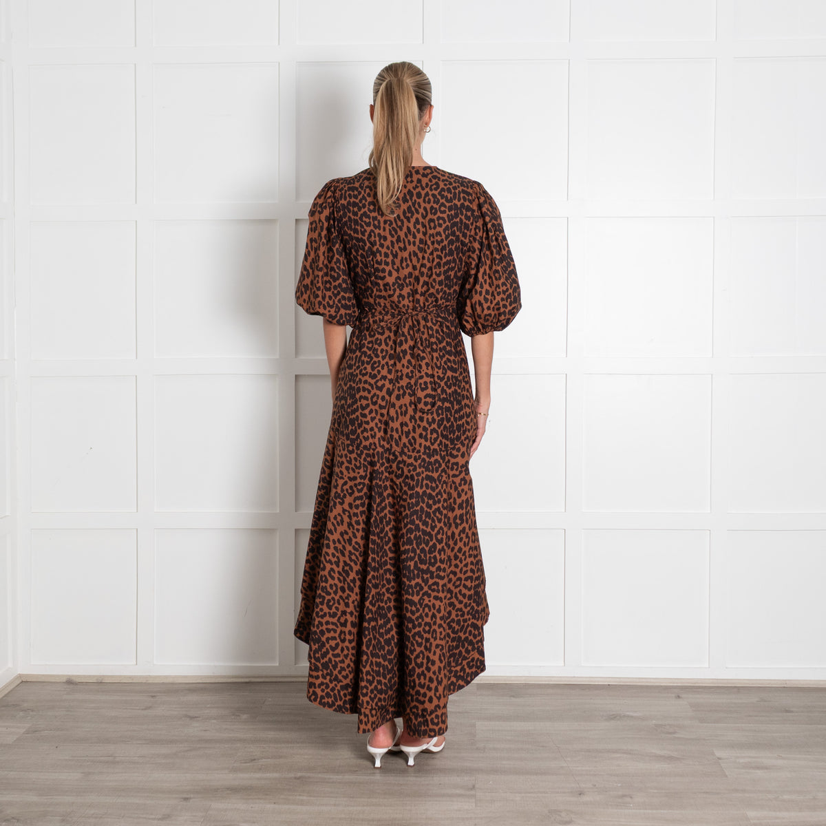 Ganni Brown Leopard Print Puff Sleeve Maxi Dress