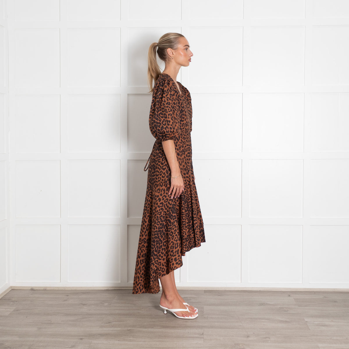 Ganni Brown Leopard Print Puff Sleeve Maxi Dress