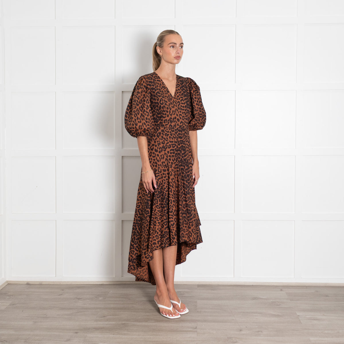 Ganni Brown Leopard Print Puff Sleeve Maxi Dress