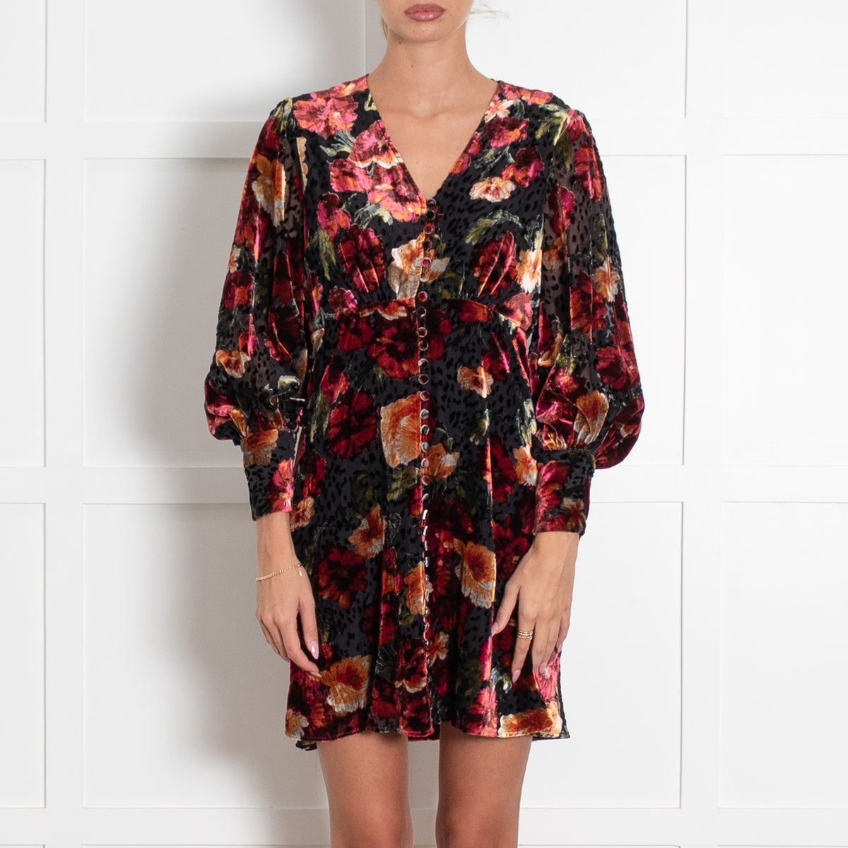 The Kooples Red and Black Floral Devore Mini Dress