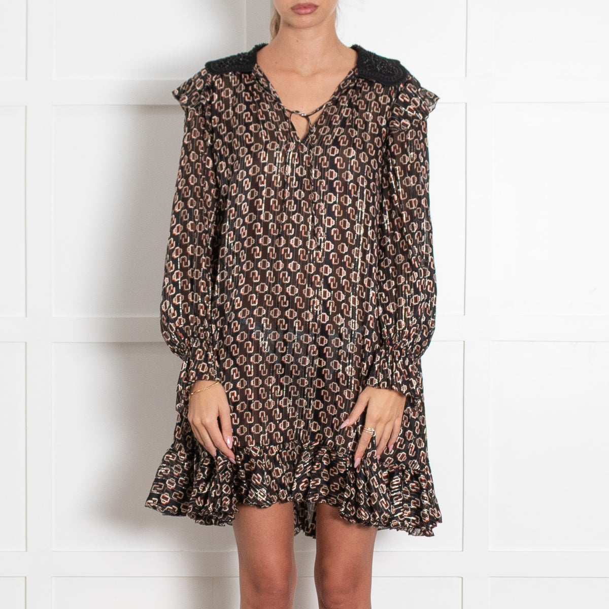 Maje Black Geometric Print With Rhinestone Collar Mini Dress