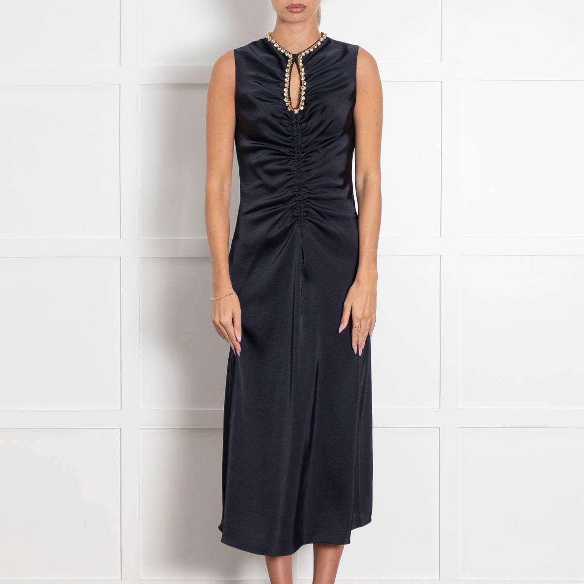Sandro Rhinestone Embellshed Ruched Satin Midi Dress Navy