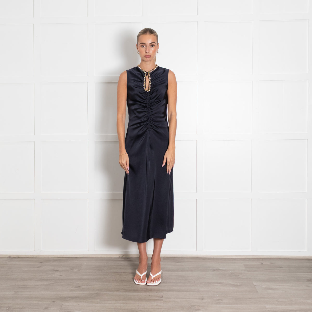 Sandro Rhinestone Embellshed Ruched Satin Midi Dress Navy