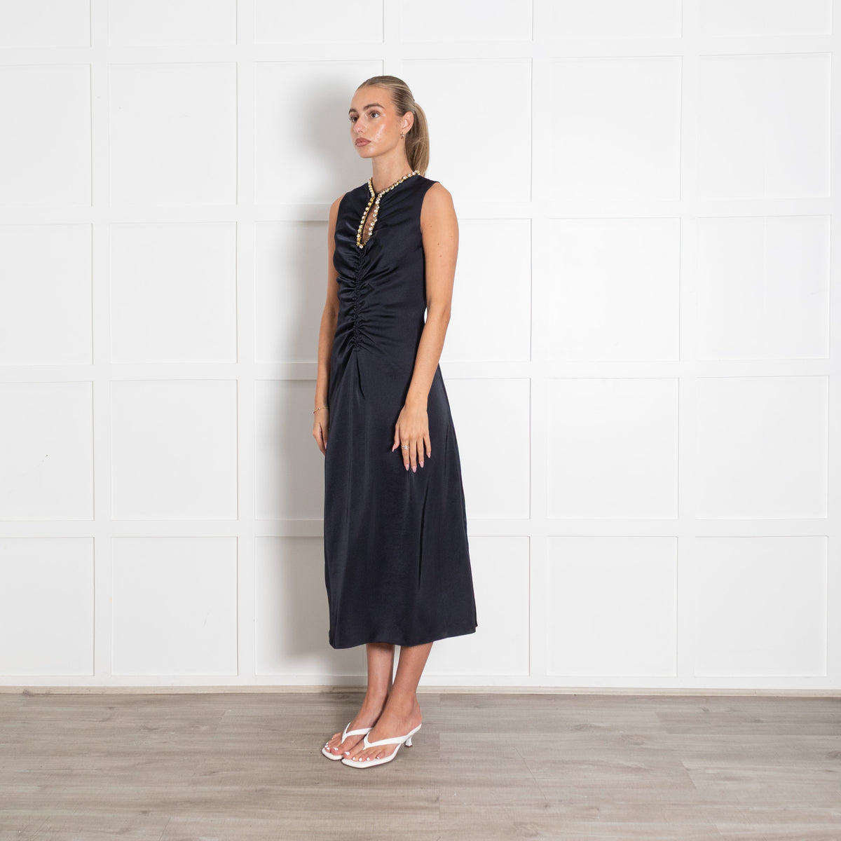 Sandro Rhinestone Embellshed Ruched Satin Midi Dress Navy