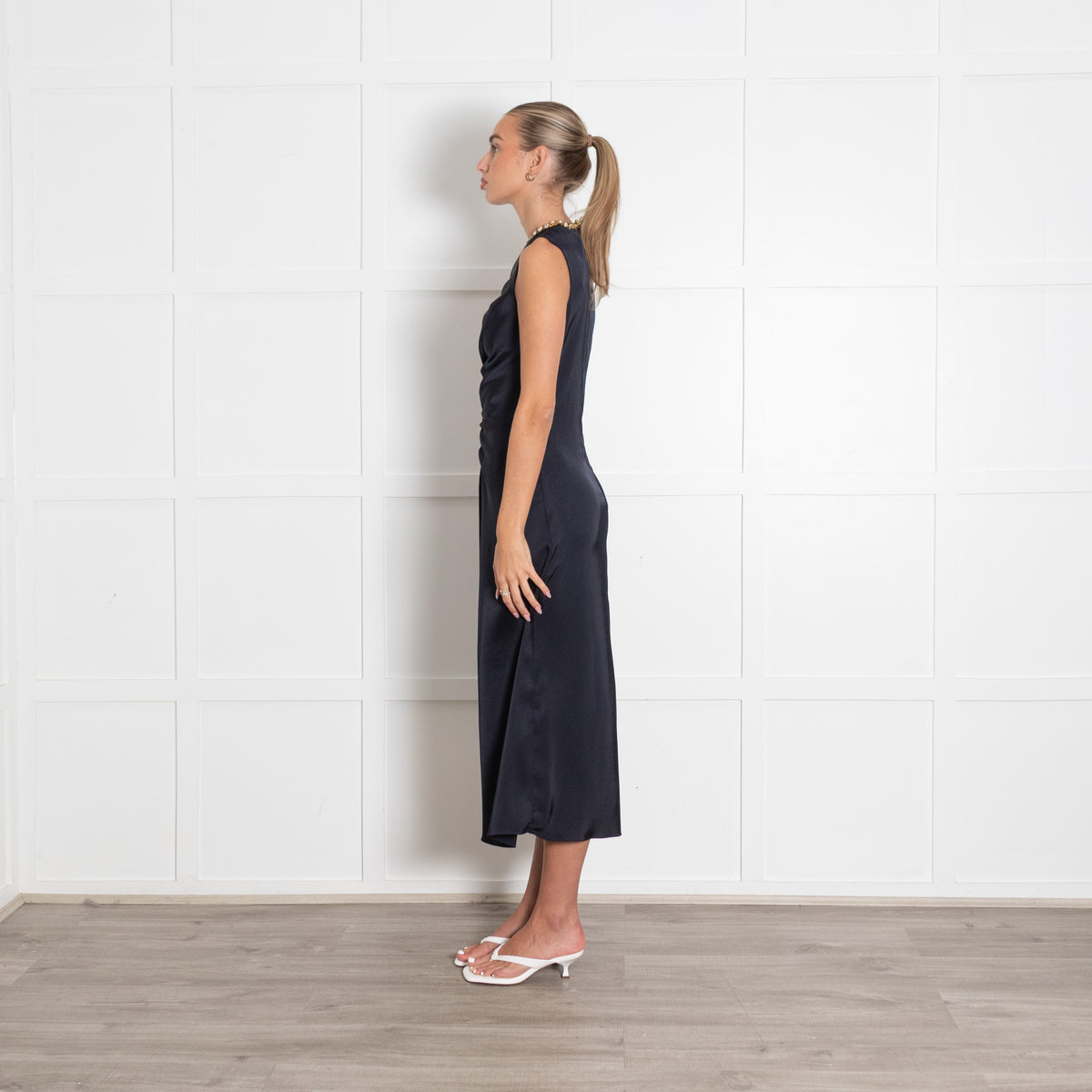 Sandro Rhinestone Embellshed Ruched Satin Midi Dress Navy