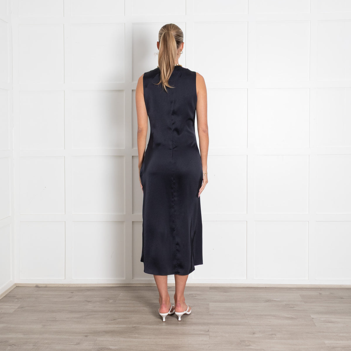 Sandro Rhinestone Embellshed Ruched Satin Midi Dress Navy