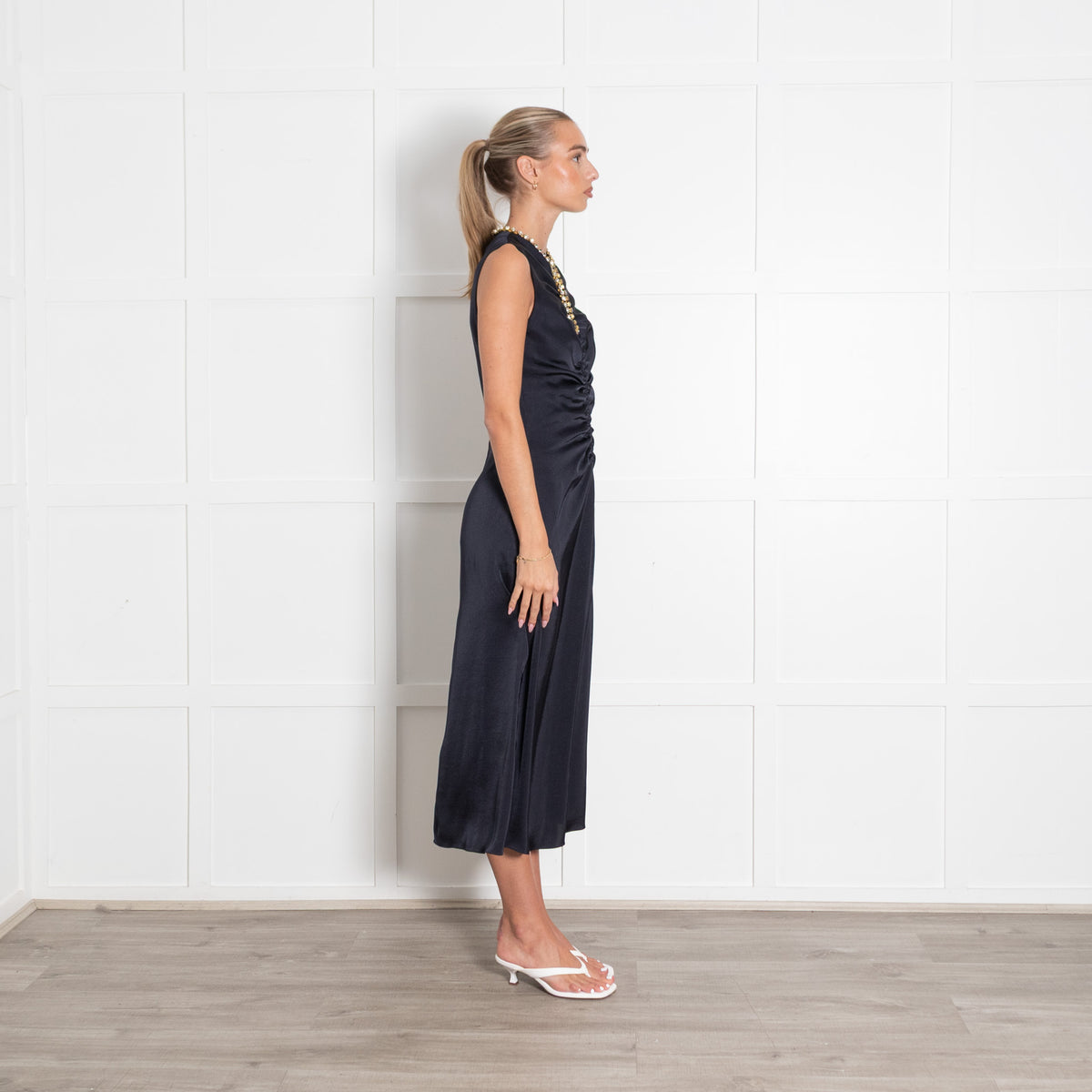 Sandro Rhinestone Embellshed Ruched Satin Midi Dress Navy