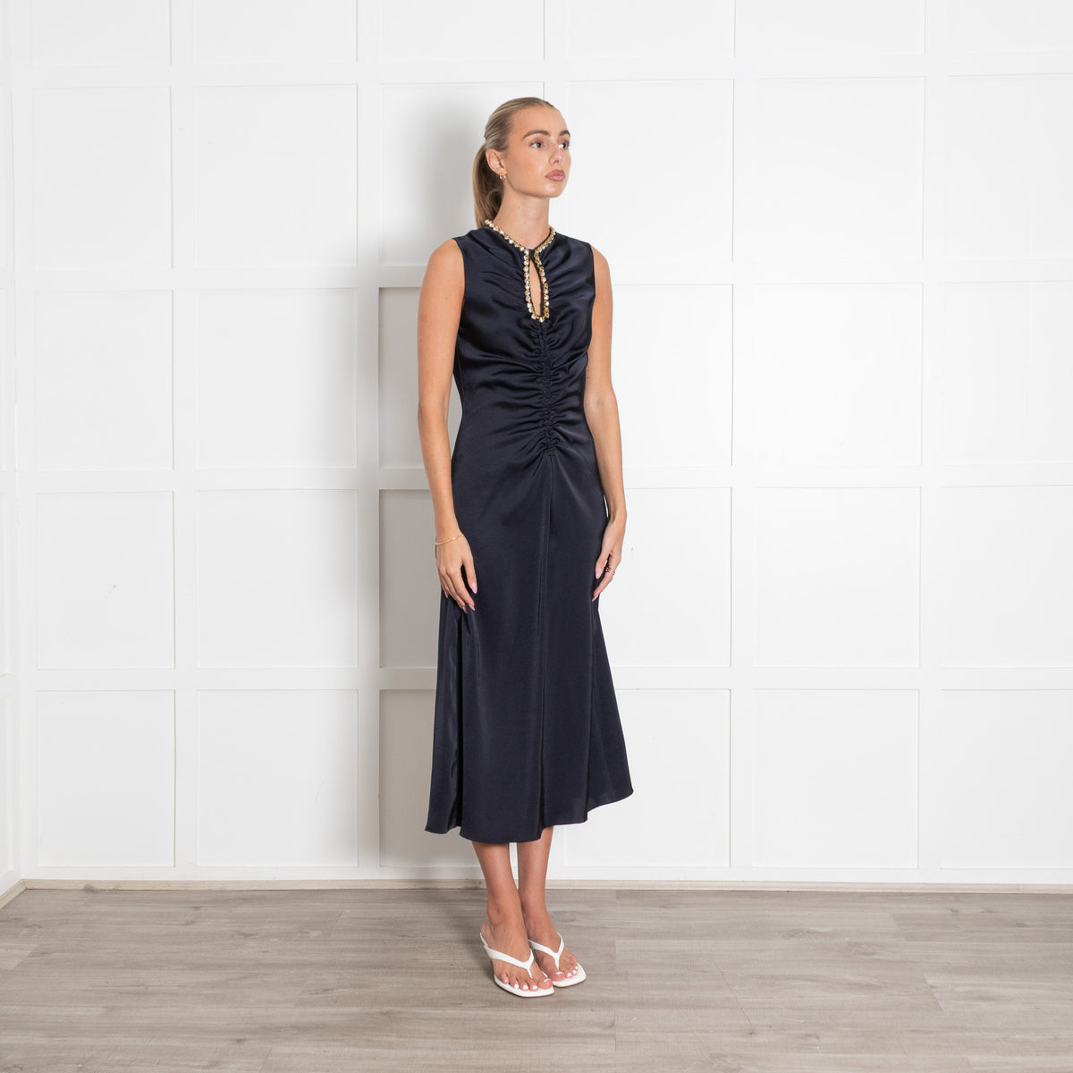 Sandro Rhinestone Embellshed Ruched Satin Midi Dress Navy