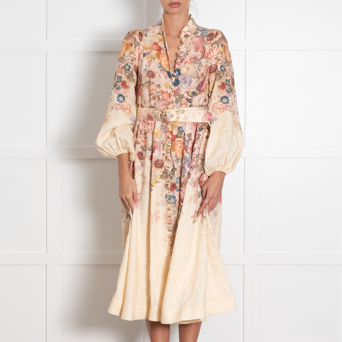 Zimmermann Luminosity Floral Linen Belted Midi Shirt Dress Size
