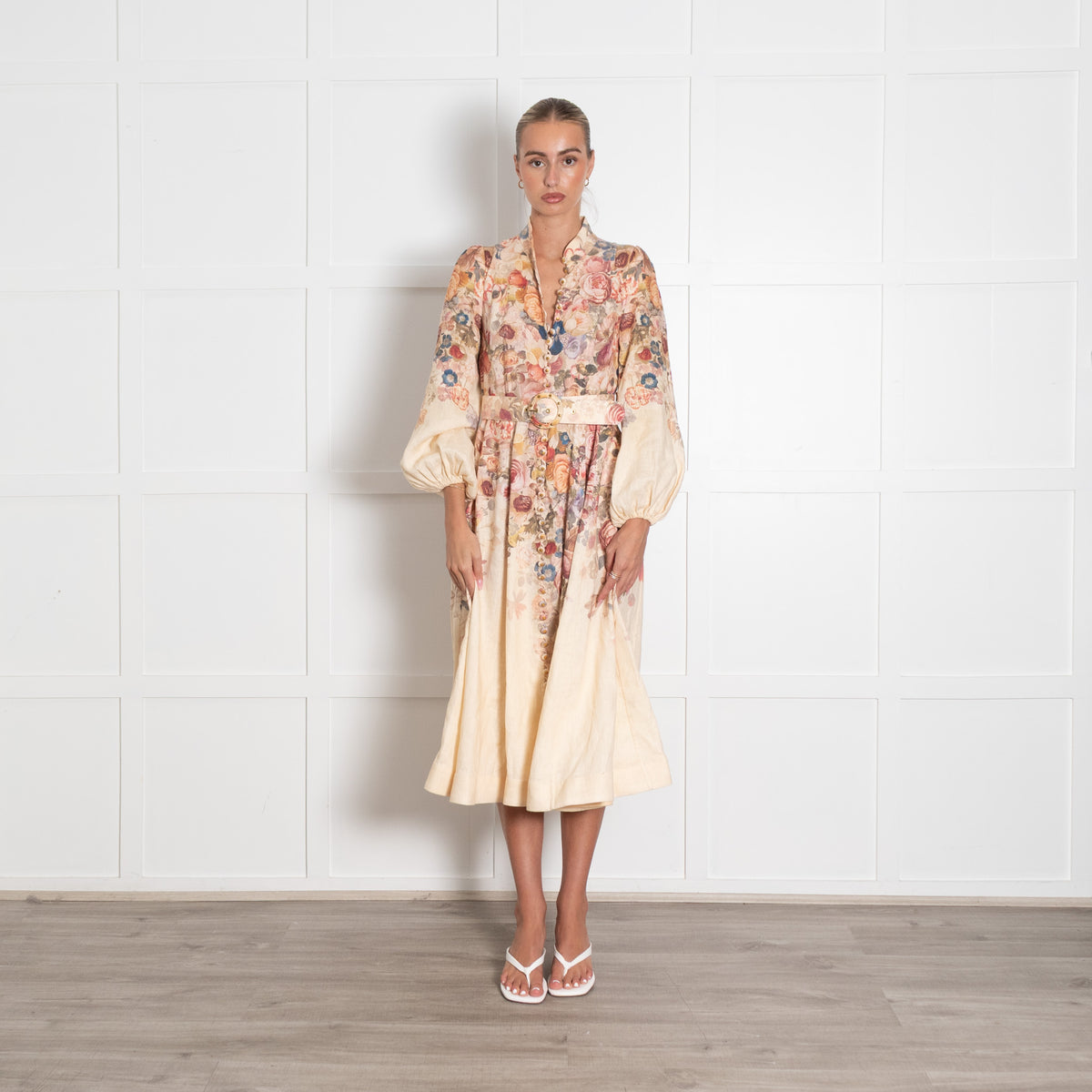 Zimmermann Luminosity Floral Linen Belted Midi Shirt Dress Size
