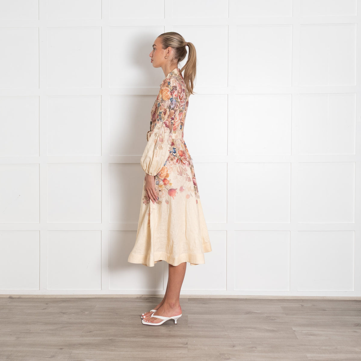 Zimmermann Luminosity Floral Linen Belted Midi Shirt Dress Size