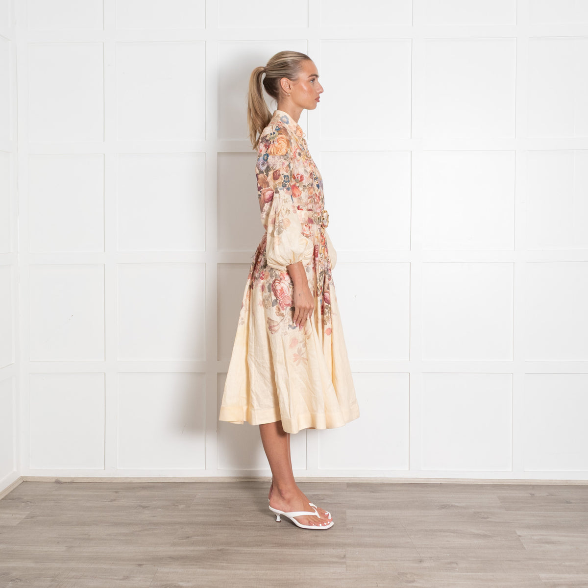 Zimmermann Luminosity Floral Linen Belted Midi Shirt Dress Size