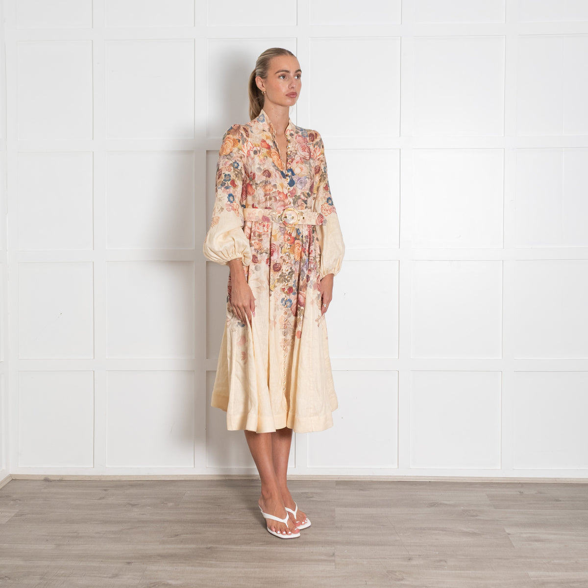 Zimmermann Luminosity Floral Linen Belted Midi Shirt Dress Size