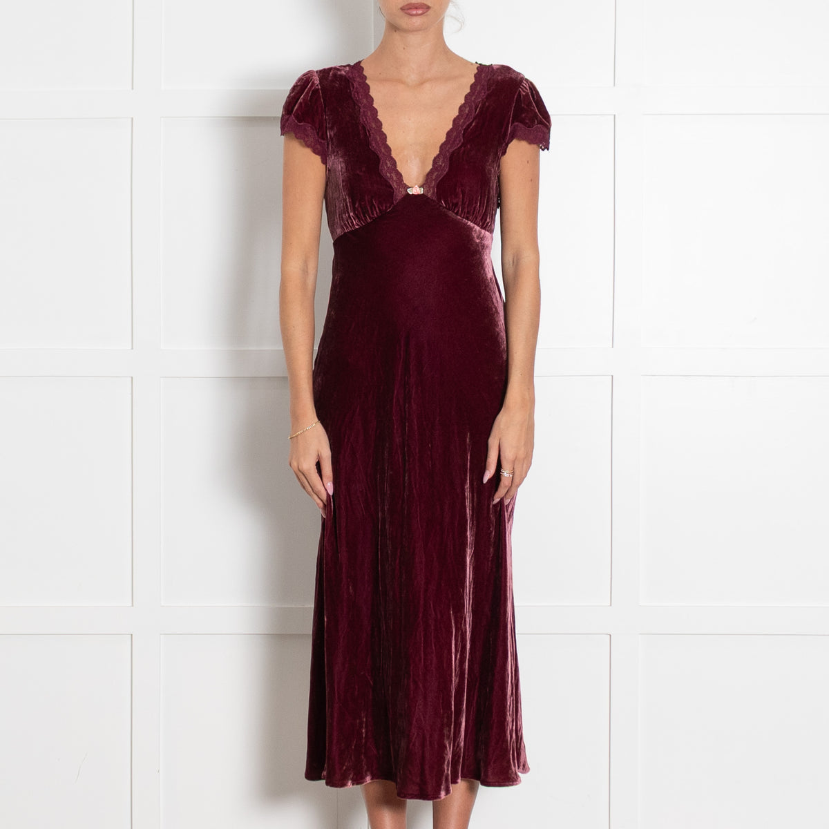 Rixo Clarice Burgundy Velvet Cap Sleeve Dress