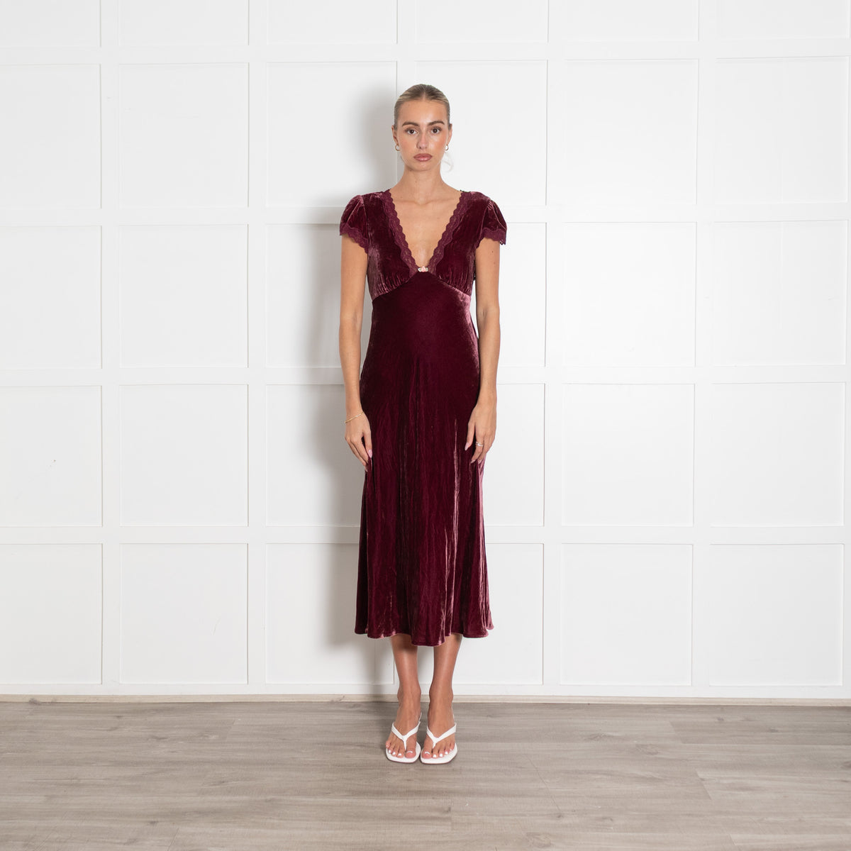 Rixo Clarice Burgundy Velvet Cap Sleeve Dress