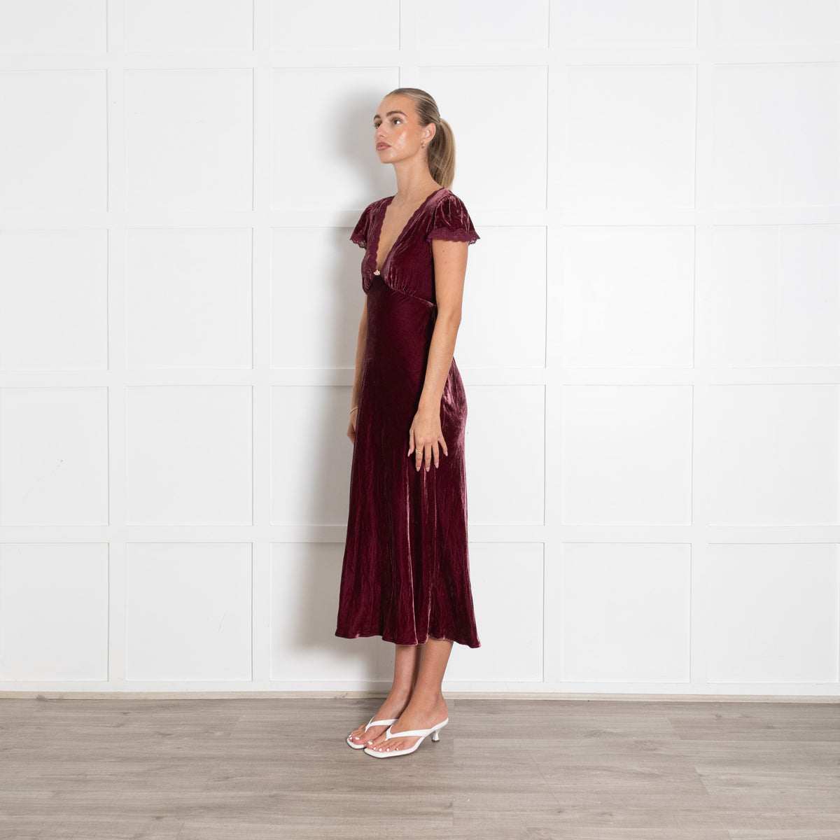 Rixo Clarice Burgundy Velvet Cap Sleeve Dress