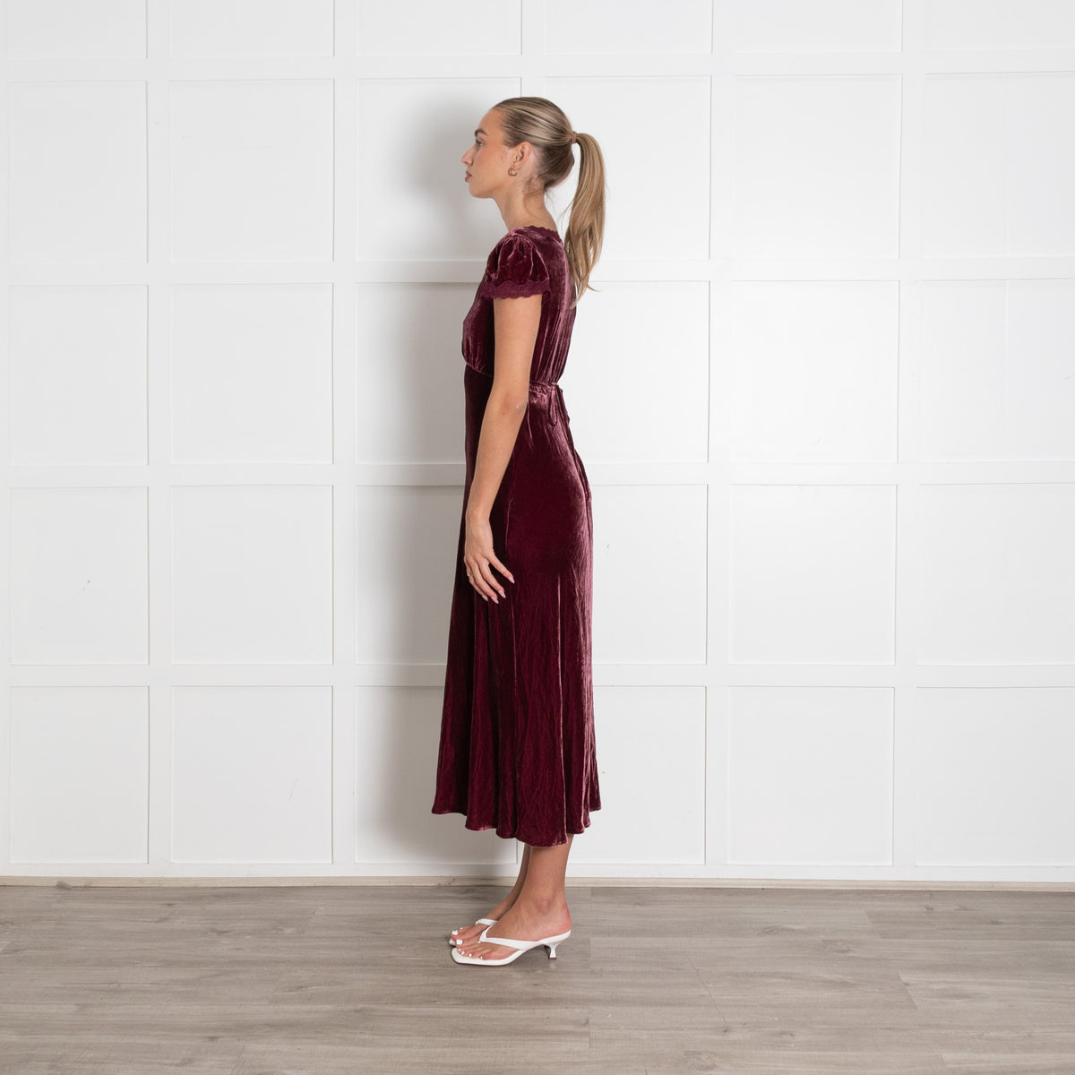 Rixo Clarice Burgundy Velvet Cap Sleeve Dress