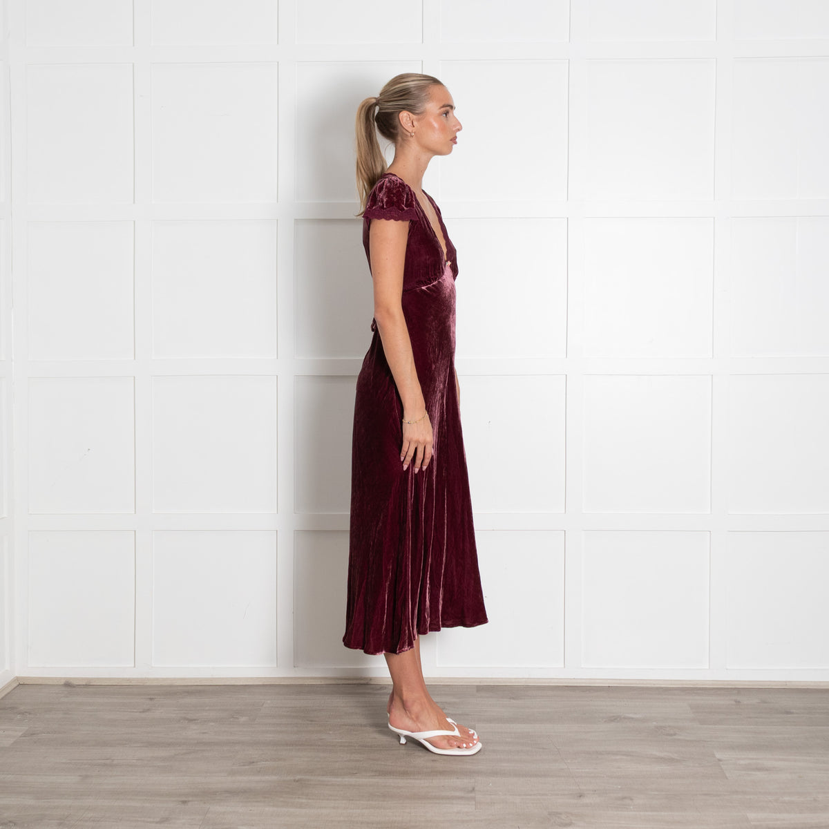 Rixo Clarice Burgundy Velvet Cap Sleeve Dress