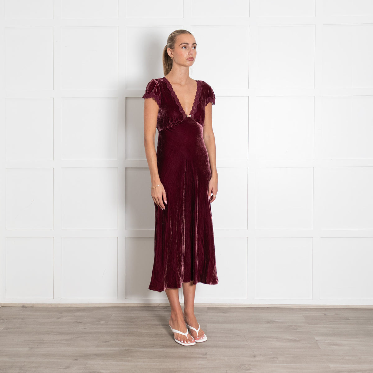 Rixo Clarice Burgundy Velvet Cap Sleeve Dress