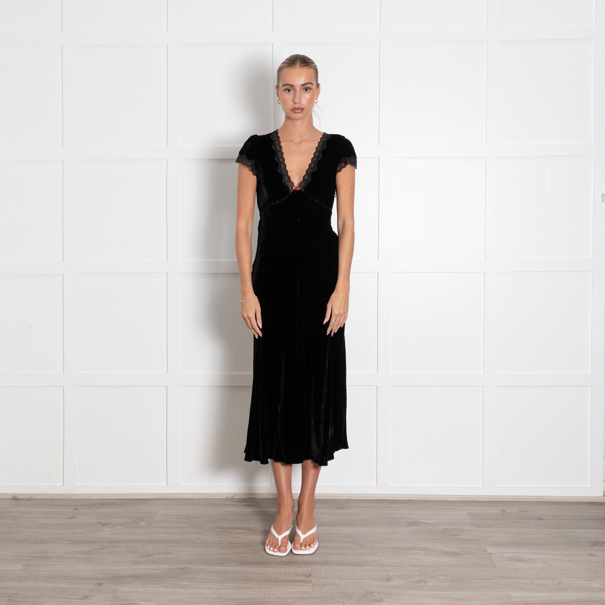 Rixo Clarice Black Velvet Cap Sleeve Dress