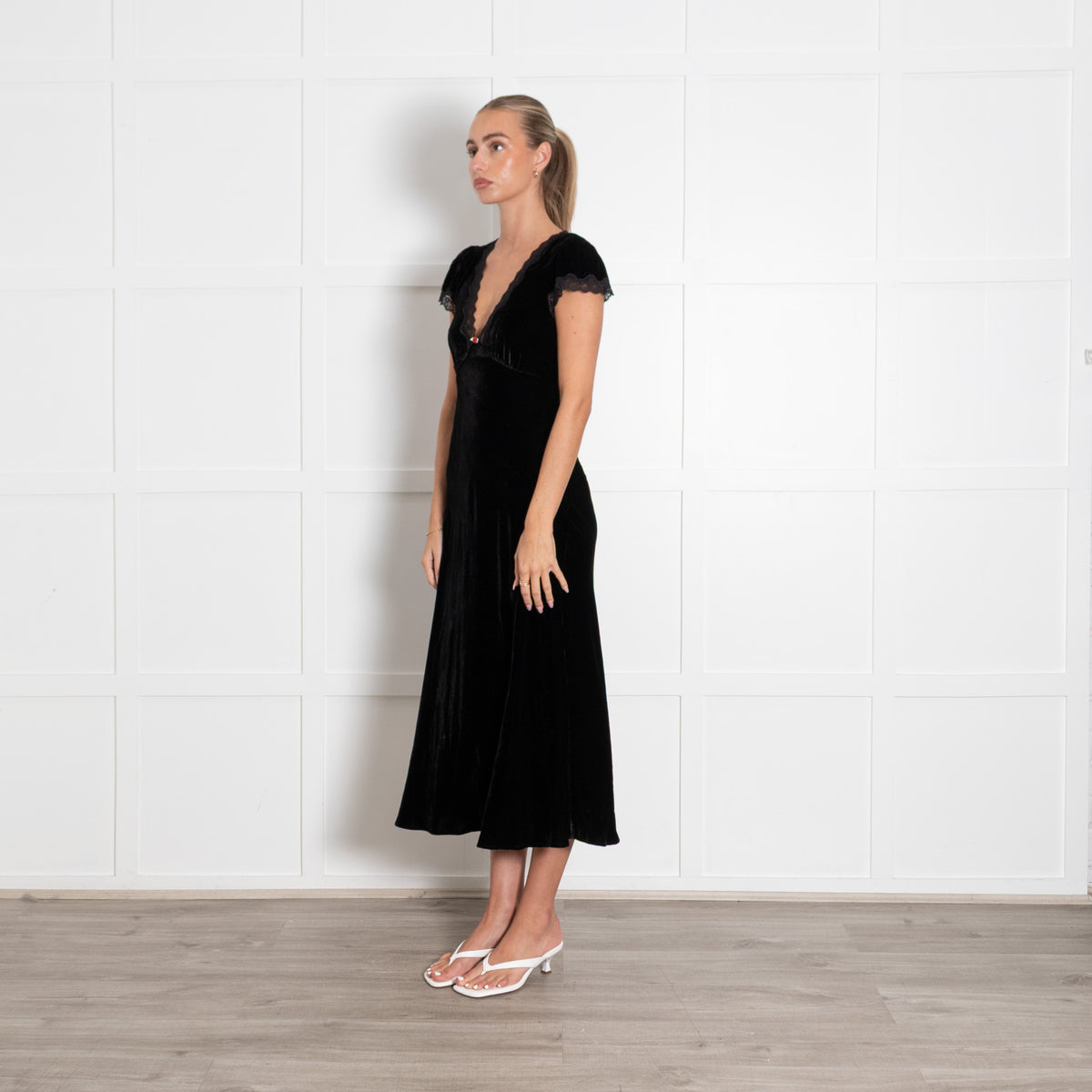 Rixo Clarice Black Velvet Cap Sleeve Dress