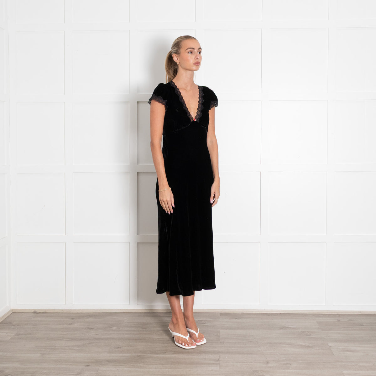 Rixo Clarice Black Velvet Cap Sleeve Dress