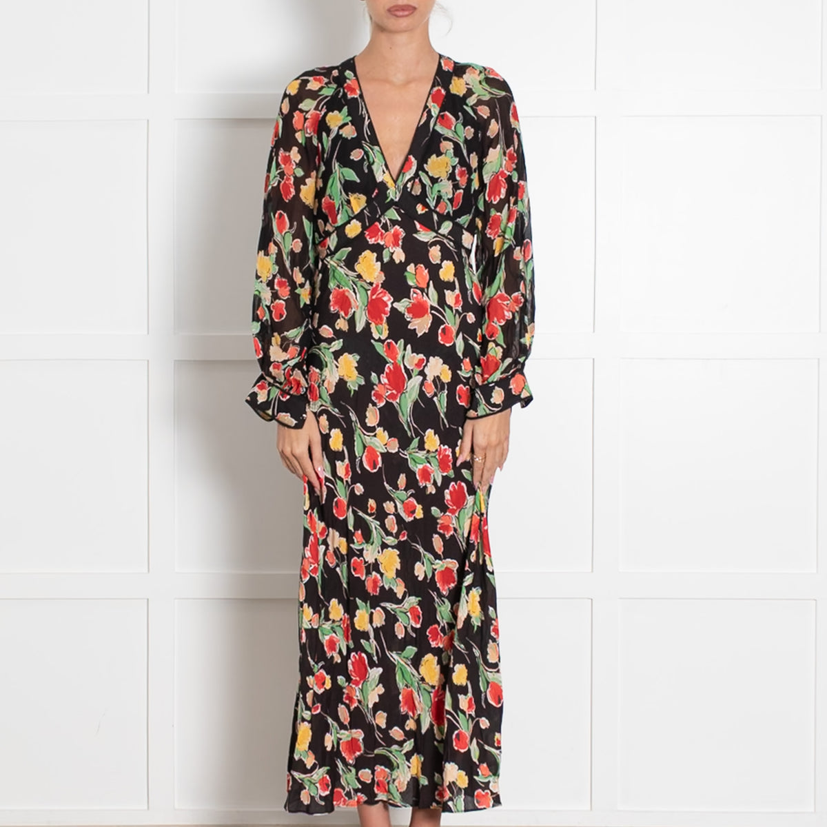 Rixo Black and Floral Ayla Midi Dress