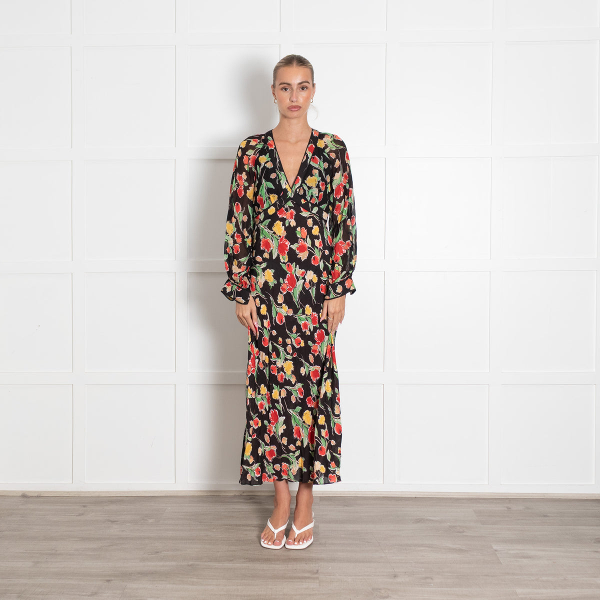 Rixo Black and Floral Ayla Midi Dress