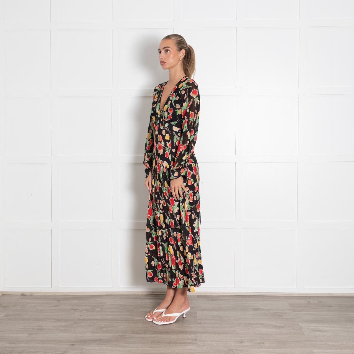 Rixo Black and Floral Ayla Midi Dress