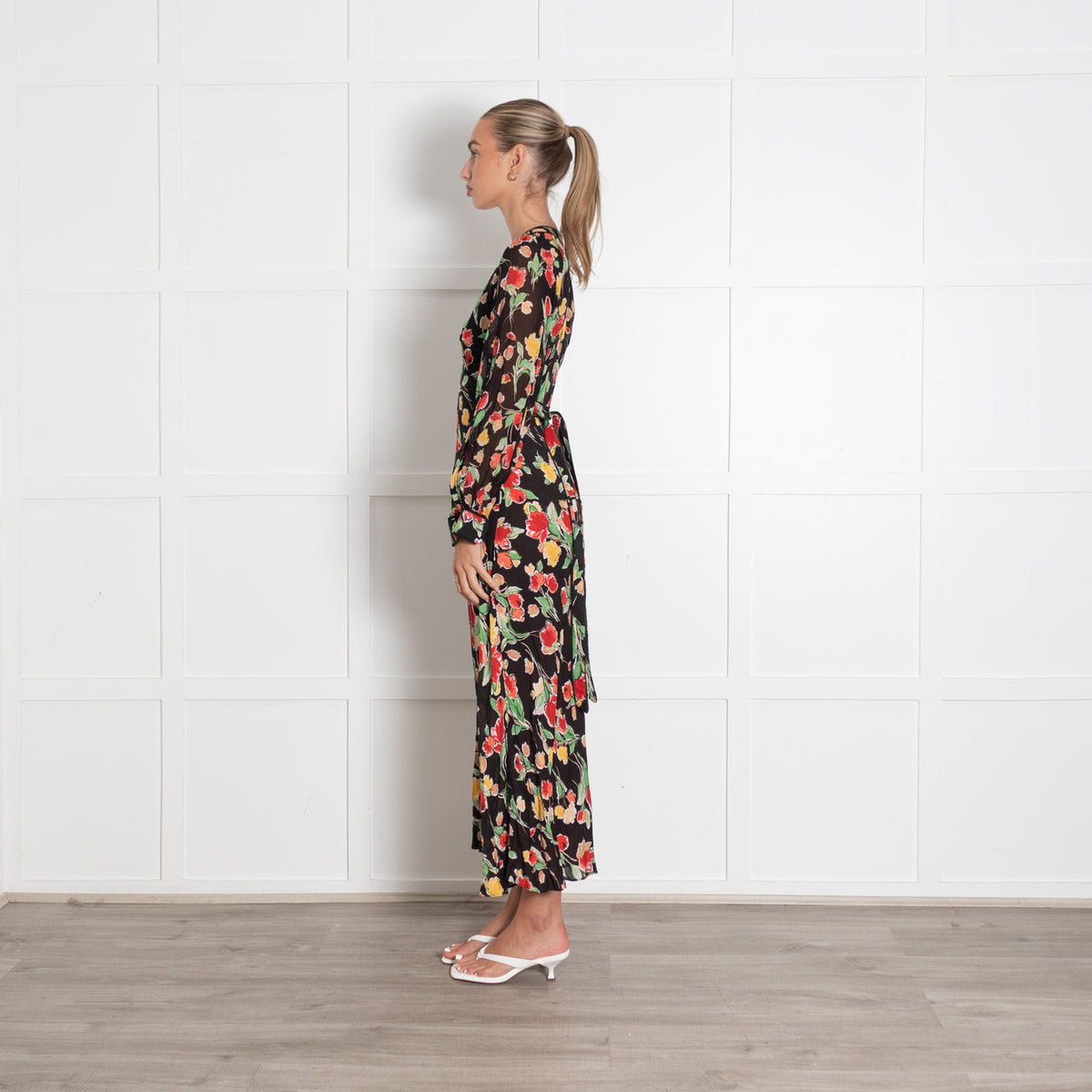 Rixo Black and Floral Ayla Midi Dress