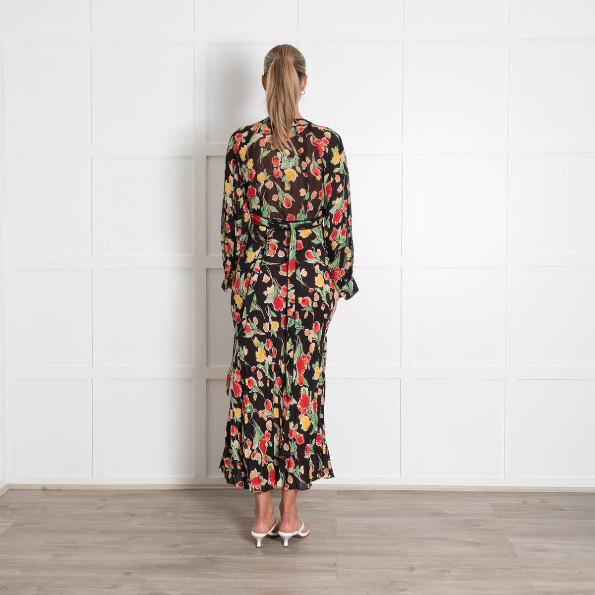Rixo Black and Floral Ayla Midi Dress