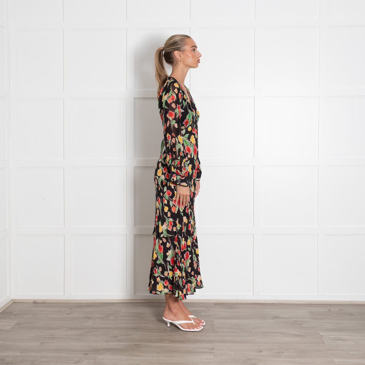 Rixo Black and Floral Ayla Midi Dress