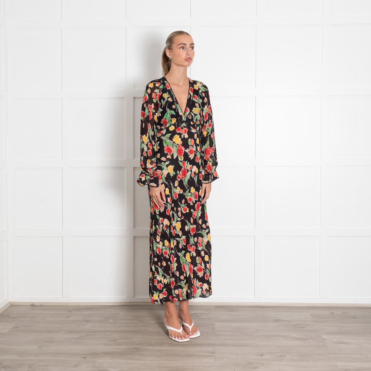 Rixo Black and Floral Ayla Midi Dress