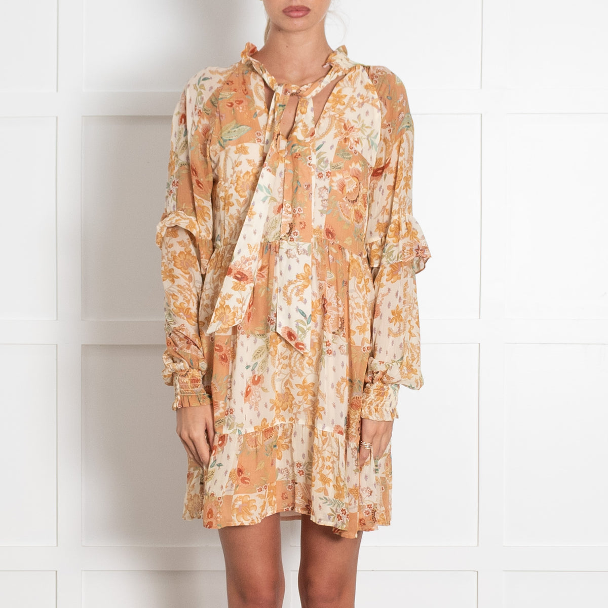 Sezane Cream Tan Floral Long Sleeve Short Dress