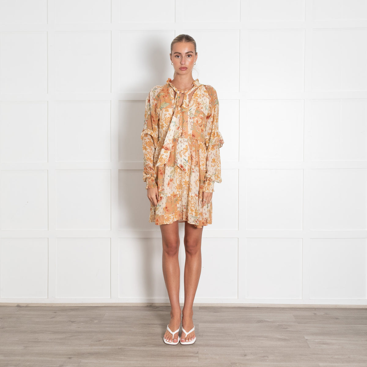 Sezane Cream Tan Floral Long Sleeve Short Dress