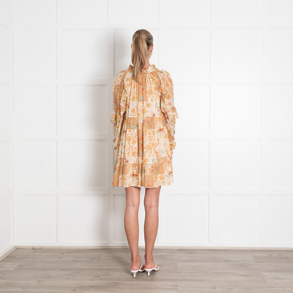 Sezane Cream Tan Floral Long Sleeve Short Dress