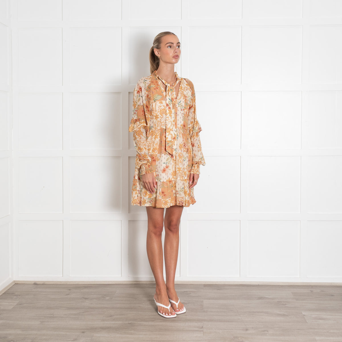 Sezane Cream Tan Floral Long Sleeve Short Dress