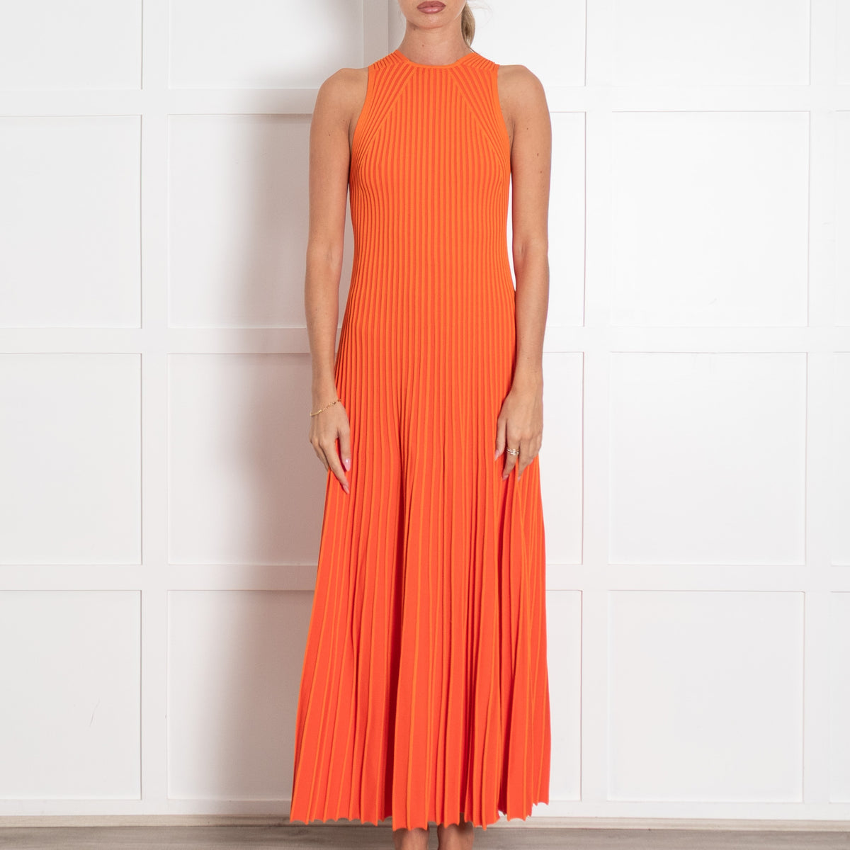 Me + Em Orange Rib Pleated Knit Strappy Maxi Dress