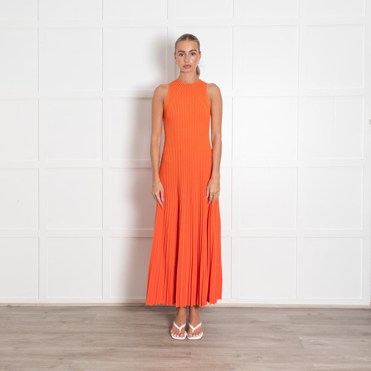Me + Em Orange Rib Pleated Knit Strappy Maxi Dress