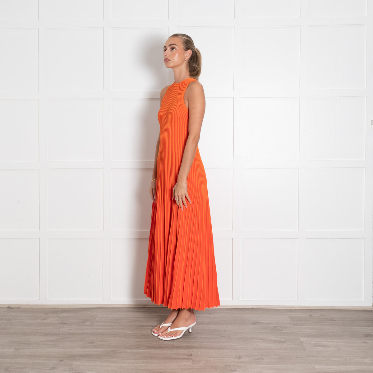 Me + Em Orange Rib Pleated Knit Strappy Maxi Dress