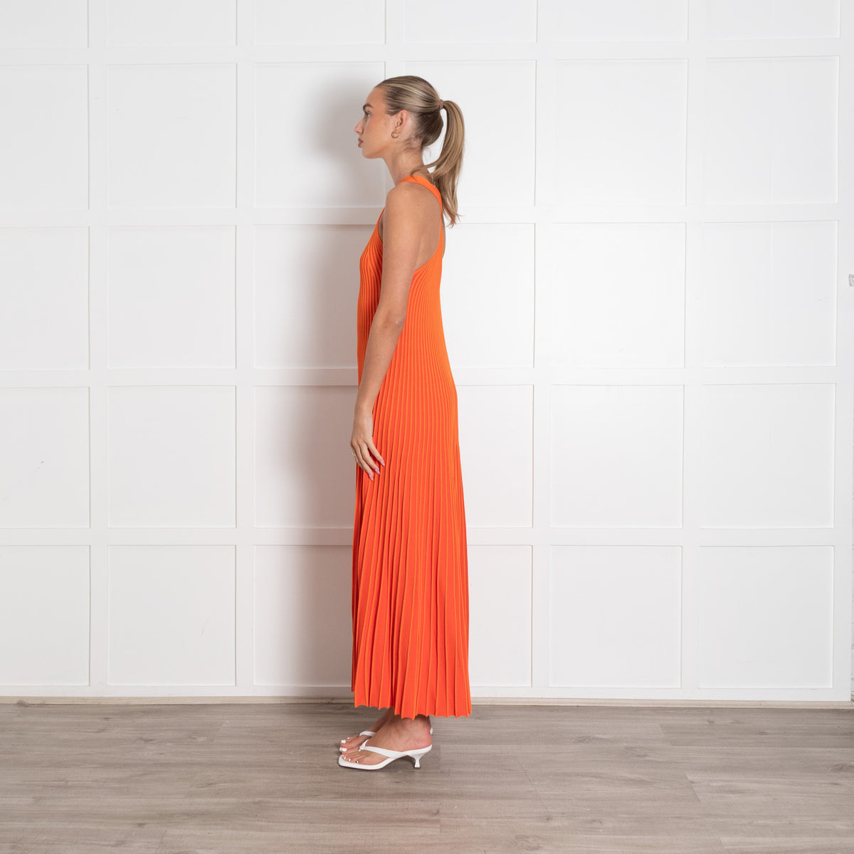 Me + Em Orange Rib Pleated Knit Strappy Maxi Dress
