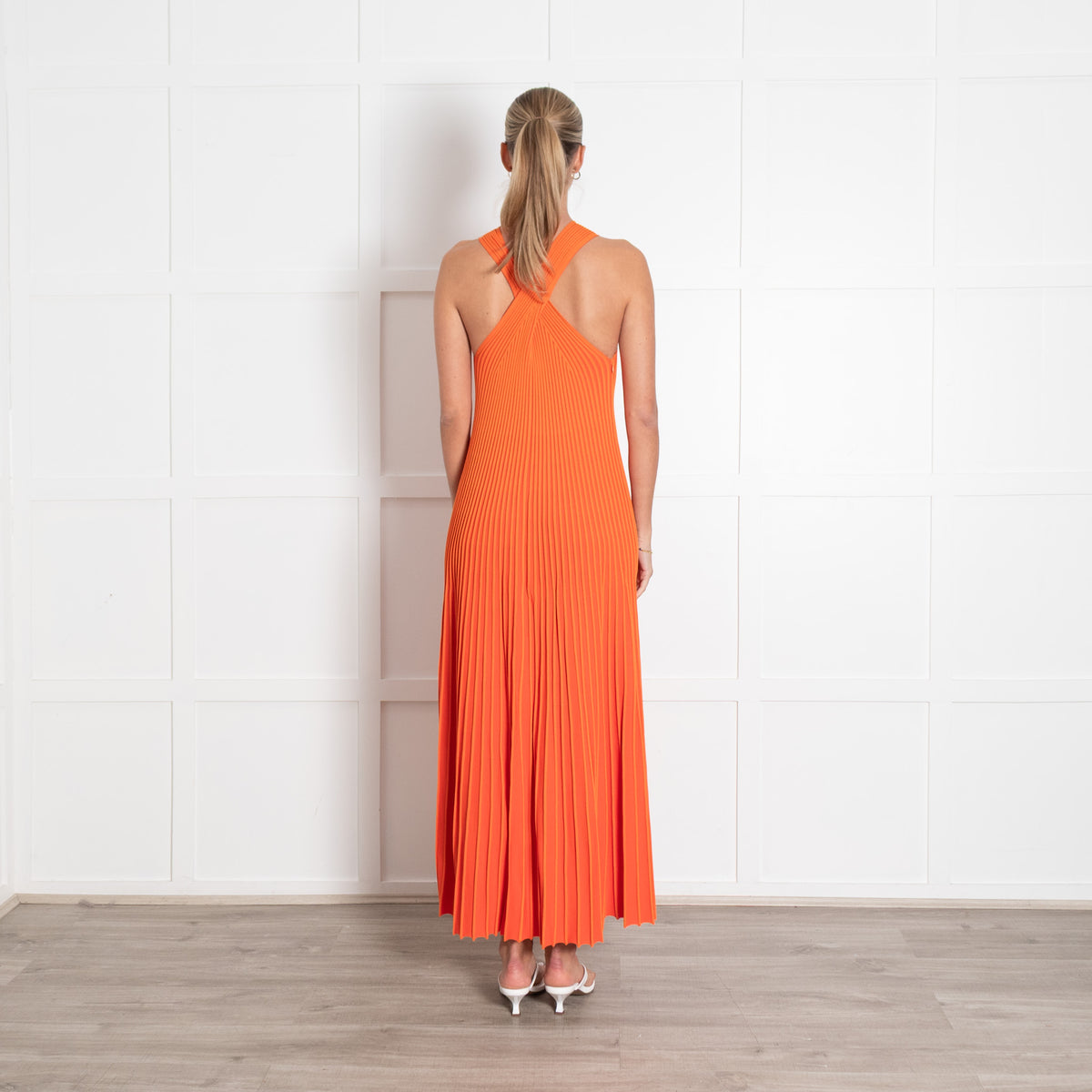 Me + Em Orange Rib Pleated Knit Strappy Maxi Dress