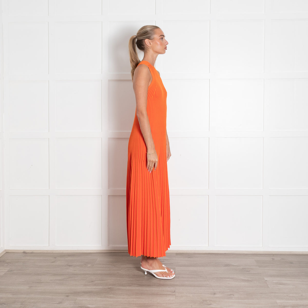 Me + Em Orange Rib Pleated Knit Strappy Maxi Dress