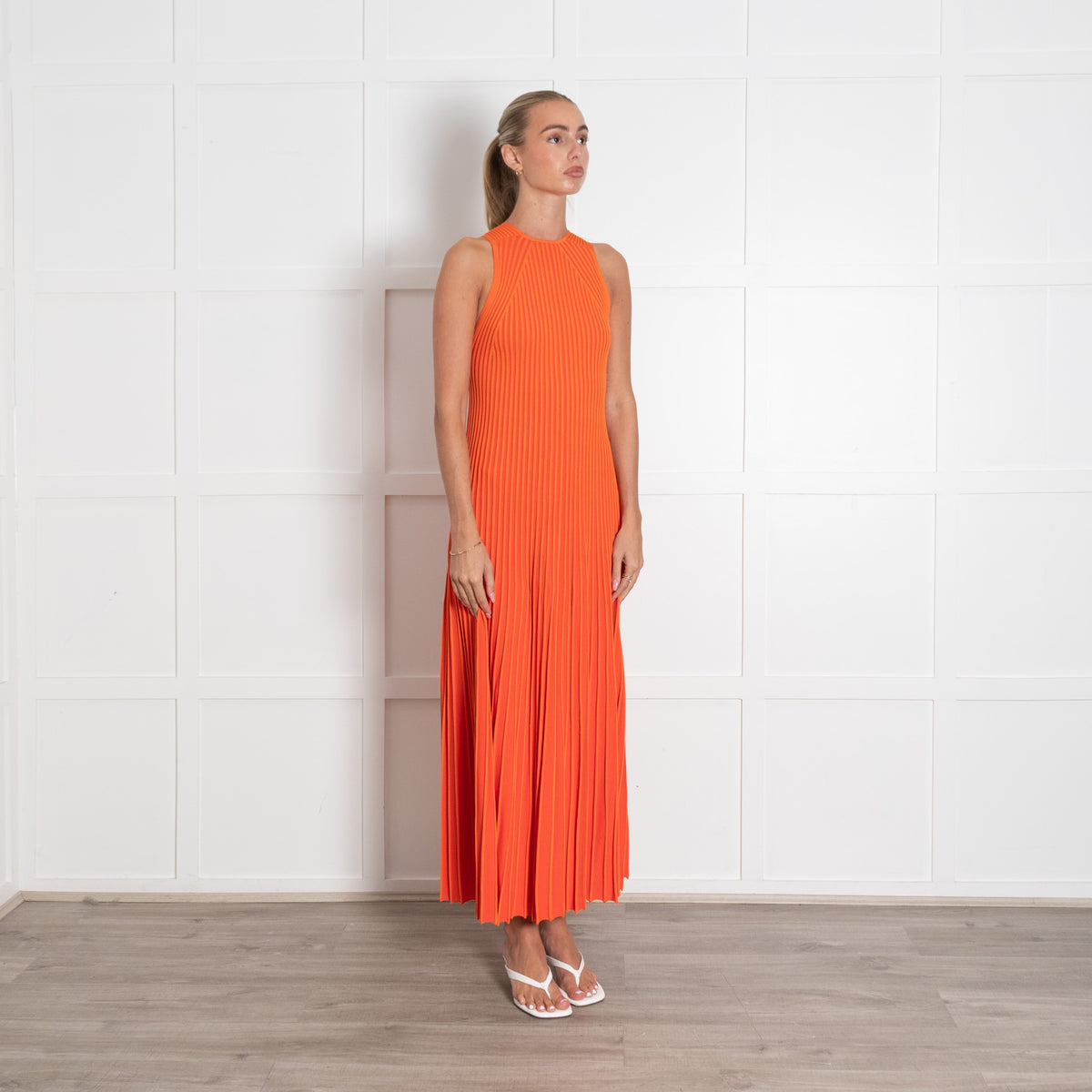 Me + Em Orange Rib Pleated Knit Strappy Maxi Dress